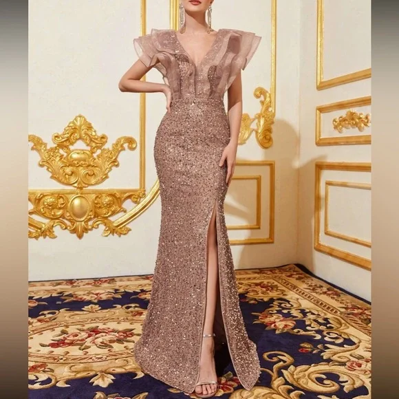 knee length dresses for ladies 3-D Flower Glitter Sheer Bodice Mesh A-Line Long Dress w/ Side Slit 2XL / Light Green